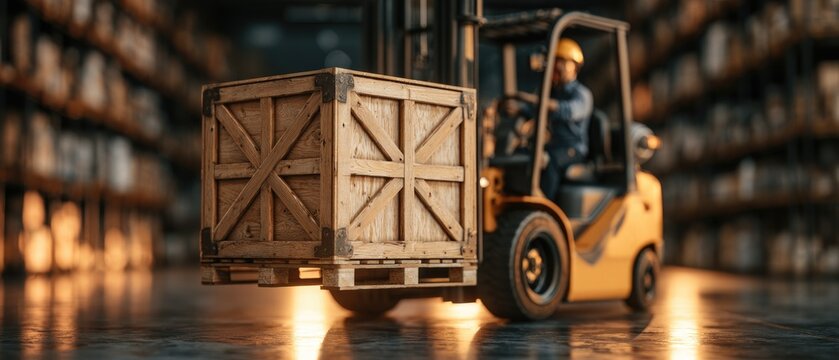 Forklift operator in a warehouse lifting a wooden crate for storage
