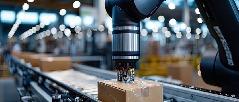 Close up of an industrial robot arm preparing to pick up stack of cardboard boxes on conveyor belt in a factory setting
