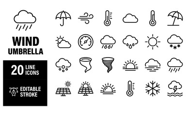 Obraz premium Wind and umbrella weather line icons for forecasting and protection against rain and wind.