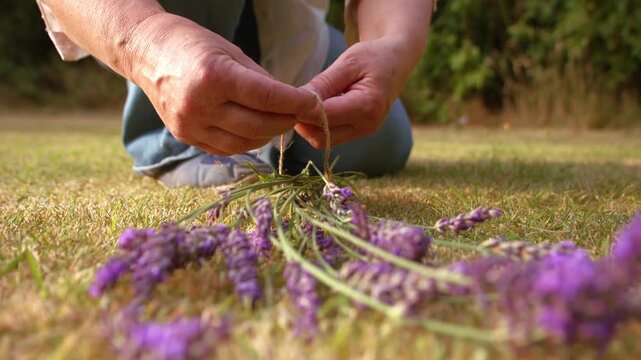 Hand tying bunch of lavender flowers with string for drying