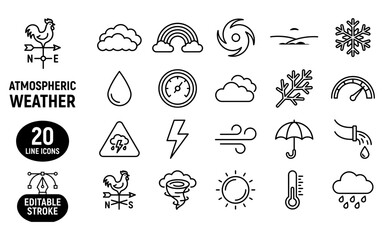 Obraz premium Collection of atmospheric weather line icons representing diverse meteorological phenomena and conditions.