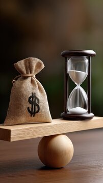 Balancing money and time with a wooden scale and hourglass setup