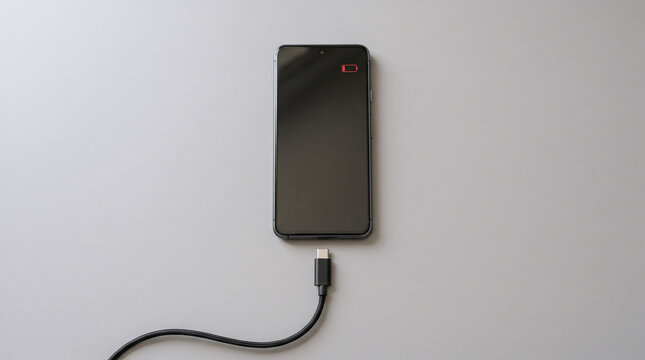 Smartphone with red low battery icon indicator on screen lying on flat gray background with disconnected charging cable nearby