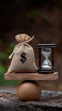 Wooden scale balancing a money bag with dollar sign and hourglass on a dark wooden table