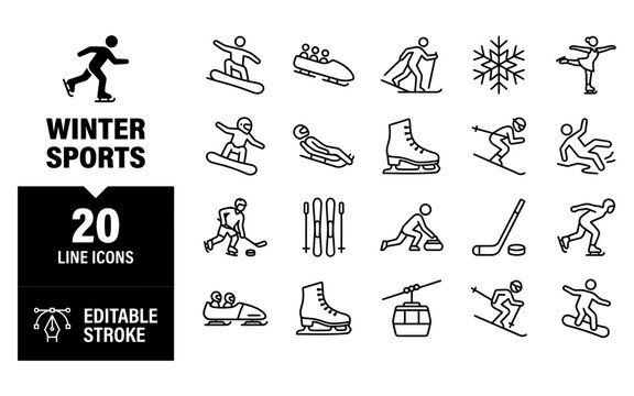 Winter sports outline vector icons set depicting various athletic activities and equipment for winter recreation.