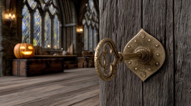 Ornate key in keyhole at dark oak door in medieval hall with jack o lantern and stained glass window