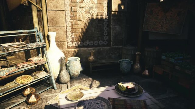 Sunlit pottery spices rustic textures, Souk AlZal market artisan preopening display with jars bowls woven trays loaf of bread on stone floor warm golden light