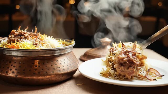 Serving Steaming Hot Mutton Biryani from Traditional Copper Handi