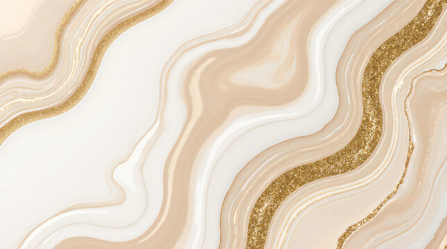 Abstract Agate Swirls with Gold: A mesmerizing abstract pattern featuring swirling bands of cream, beige, and white, interwoven with glittering gold veins.