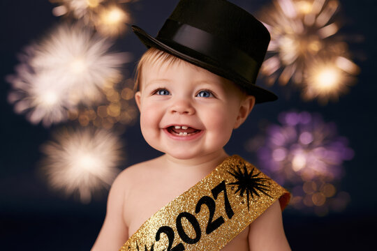 Baby celebrating new year 2027 with top hat and fireworks