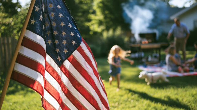 American flag waving during family backyard barbecue celebration