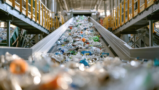 Plastic bottles and cans moving on recycling conveyor belt