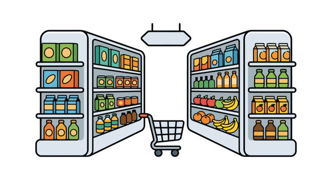 Grocery store shelves stocked with food and a shopping cart on a white background