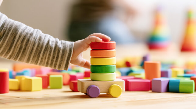 Child playing with colorful wooden building blocks and toy car