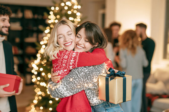 Friends hugging and exchanging christmas gifts at party