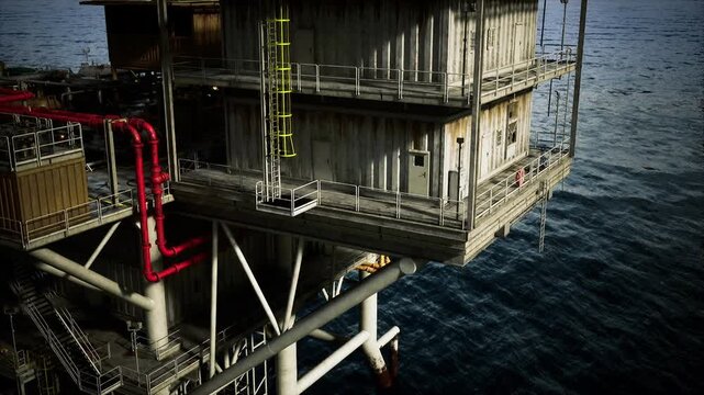 Offshore oil rig middeck with clustered pipework and service cabinets, layered platforms, saltetched surfaces and ocean horizon suggesting remote industrial