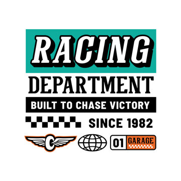 Bold vintage Racing Department badge with checkered accents, globe emblem, winged racing symbol and garage details, perfect for retro motorsport apparel, posters, stickers and branding.