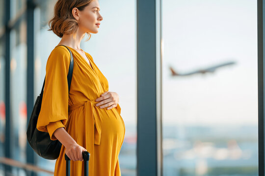Pregnant woman in a yellow dress holding her belly and luggage, waiting at the airport, looking at an airplane taking off