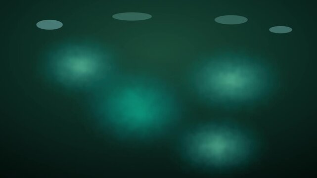 Stage lighting spotlight background vector illustration. Dark green background with glowing projector lights and shining beams. Performance stage atmosphere for events and presentations.