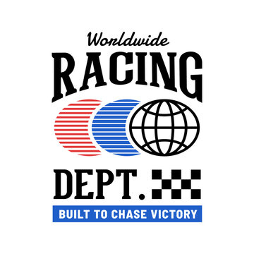 Classic Worldwide Racing Dept. badge featuring a globe, racing stripes, checkered accents and bold vintage typography, perfect for motorsport apparel, posters, stickers and branding.