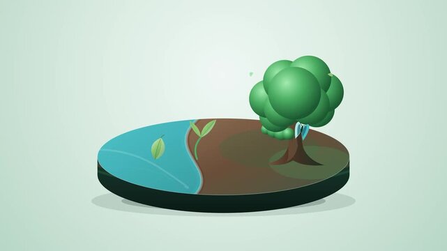 Premium 3D ecosystem animation showing a falling leaf creating a water ripple that activates plants, insects, and trees. Organic connections gradually link the elements into a living ecosystem