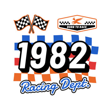 Vintage racing badge with crossed checkered flags, 1982 typography, bold racing colors and retro motorsport graphics, perfect for apparel, posters, stickers and branding.
