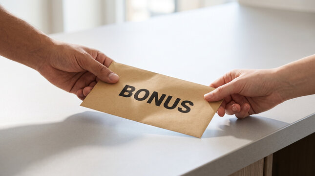 Close up of hands passing an envelope labeled bonus across a counter