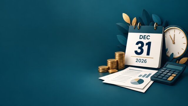 December 31 2026 tax deadline calendar with coins clock calculator and financial chart on teal background
