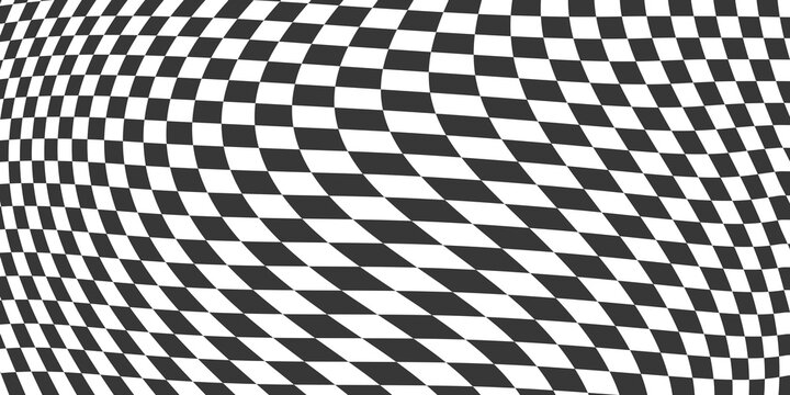 Black and white distorted checkerboard pattern with warped perspective. Abstract optical illusion vector background of wavy chessboard squares. Trendy geometric texture for banner, poster and racing 