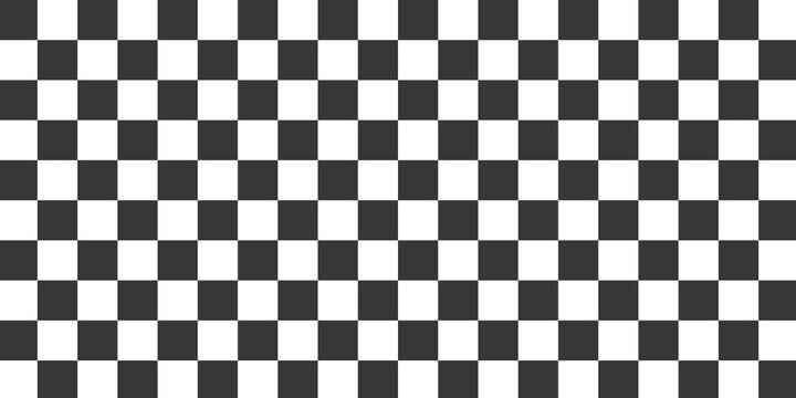 Black and white seamless checkerboard pattern of square tiles. Classic monochrome chessboard vector background isolated on white. Simple geometric texture for racing flag, banner and poster design.