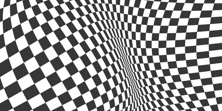 Black and white distorted checkerboard pattern with warped perspective. Abstract optical illusion vector background of wavy chessboard squares. Trendy geometric texture for banner, poster and racing 