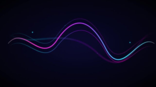 Neon sound wave audio equalizer vector illustration. Glowing purple and blue lines on dark background. Digital music frequency spectrum, futuristic technology concept for audio visualizer.