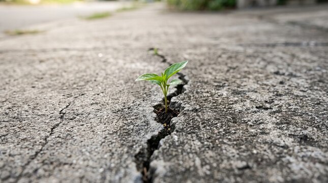 A resilient green sprout pushes upward through a narrow fracture in weathered pavement, demonstrating the incredible persistence of life amid harsh urban environments and tough conditions