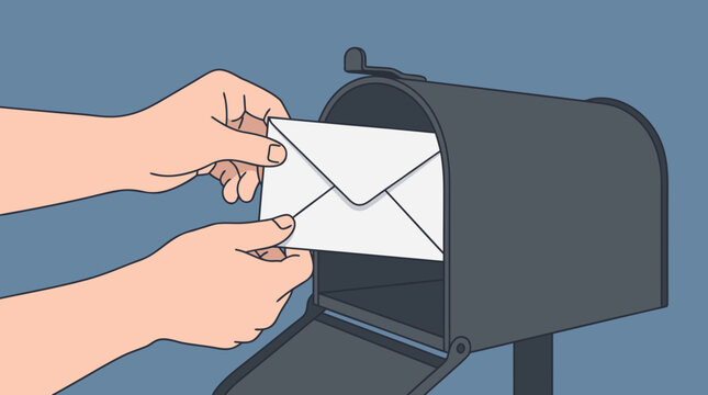 Hands envelope mailbox posting letter mail delivery vector postal service Hands post a white envelope in a gray mailbox in a blue outlined scene for postal service ads and correspondence guides
