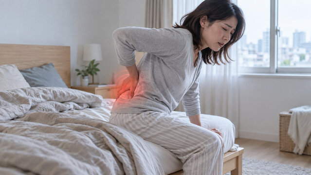 朝ベッドから起き上がる際に腰痛を感じて腰を押さえる日本人女性