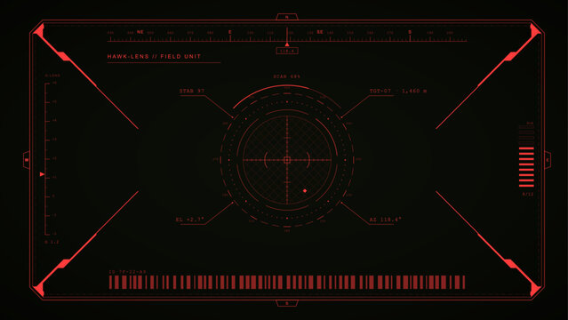 Futuristic red sci-fi military HUD crosshair screen interface. Tech digital target tracking system layout with radar scanner, telemetry grid data and tactical viewfinder elements. Vector HUD, UI