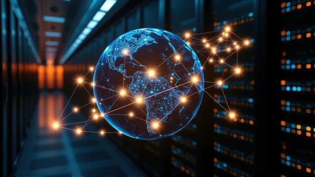 Global network connected via servers. Data streams illuminate world map, representing digital infrastructure. Technology powers communication.