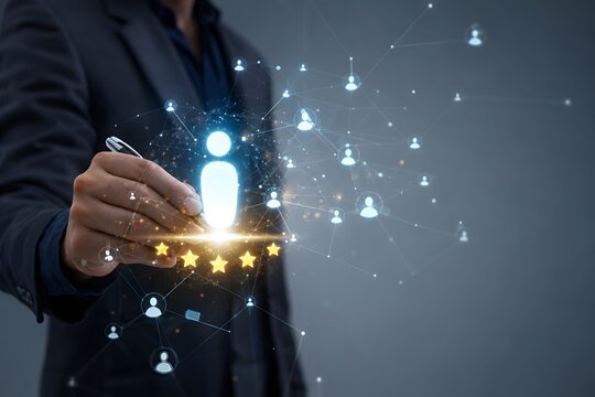 Businessmen pointing  global structure customer network technology, data exchange development, and human resources HR management. Relationship Management with Customers
