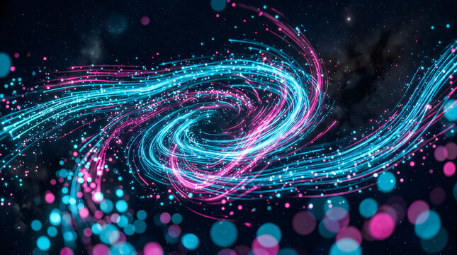 Abstract light trails swirling in a dynamic space vortex with glowing neon pink and blue particles