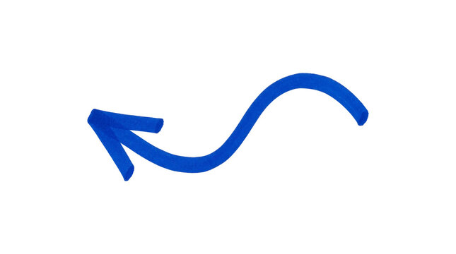 Bright blue curved arrow with a soft foam texture is positioned on a plain gray background.