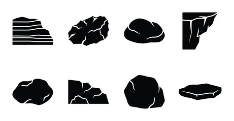 Collection of 8 Black Rock Icons, Stone Elements, Geology Graphics, Mineral Shapes, Natural Objects © Sizan