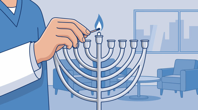 Menorah hanukkah match lighting candle hand lounge jewish nurse vector ideal for multicultural holiday greetings hospital newsletters diversity campaigns and inclusive healthcare posts