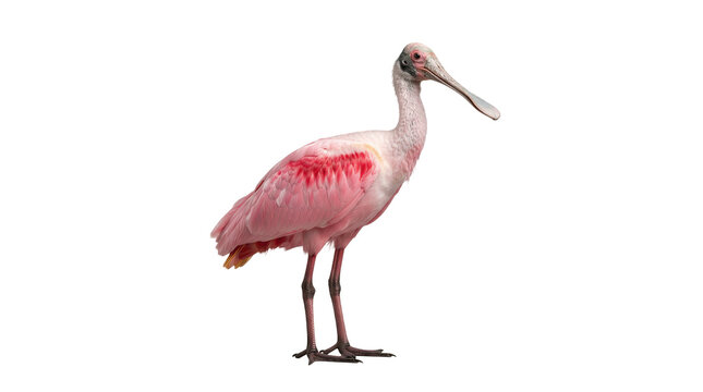 Pink roseate spoonbill stands elegantly against a plain light gray background in this studio portrait.