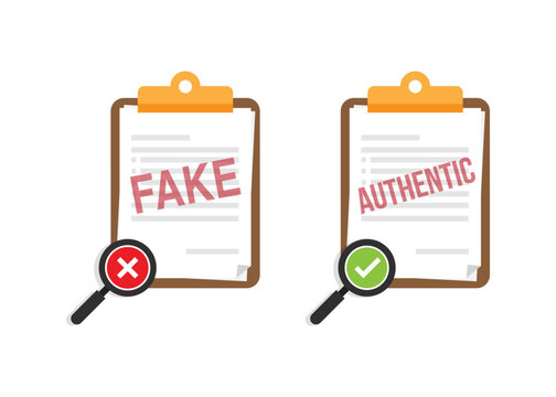 clipboards showing fake document with cross and authentic document with checkmark