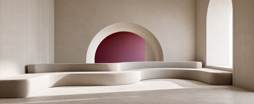 Minimalist beige living space with arched opening and magenta accent wall for interior design background and staging poster
