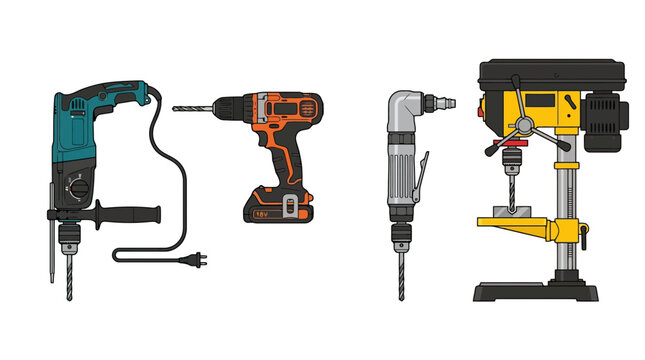 Collection of various power drills including hammer drill, cordless driver, pneumatic angle drill, and benchtop drill press vector illustration