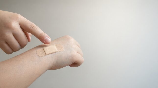 Child pointing to bandage on arm skin, close-up hand with adhesive plaster, minor injury care and healthcare concept for kids, first aid treatment medical