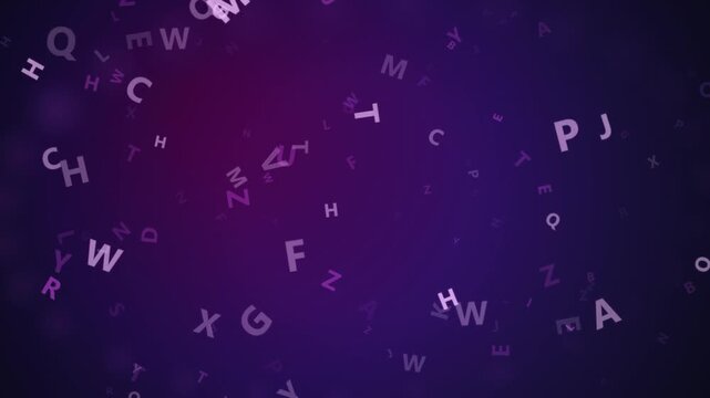 Alphabet letters background illustration. Floating white typography characters on purple dark gradient. Abstract digital text design for education and communication.