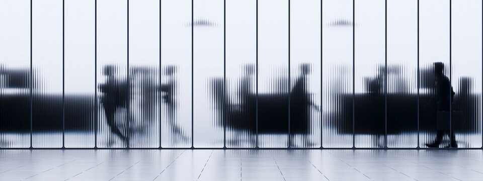 3D train station waiting hall with passenger silhouettes behind translucent glass panels