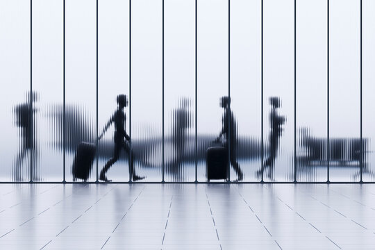 3D airport travelers with luggage behind translucent glass in minimalist departure terminal